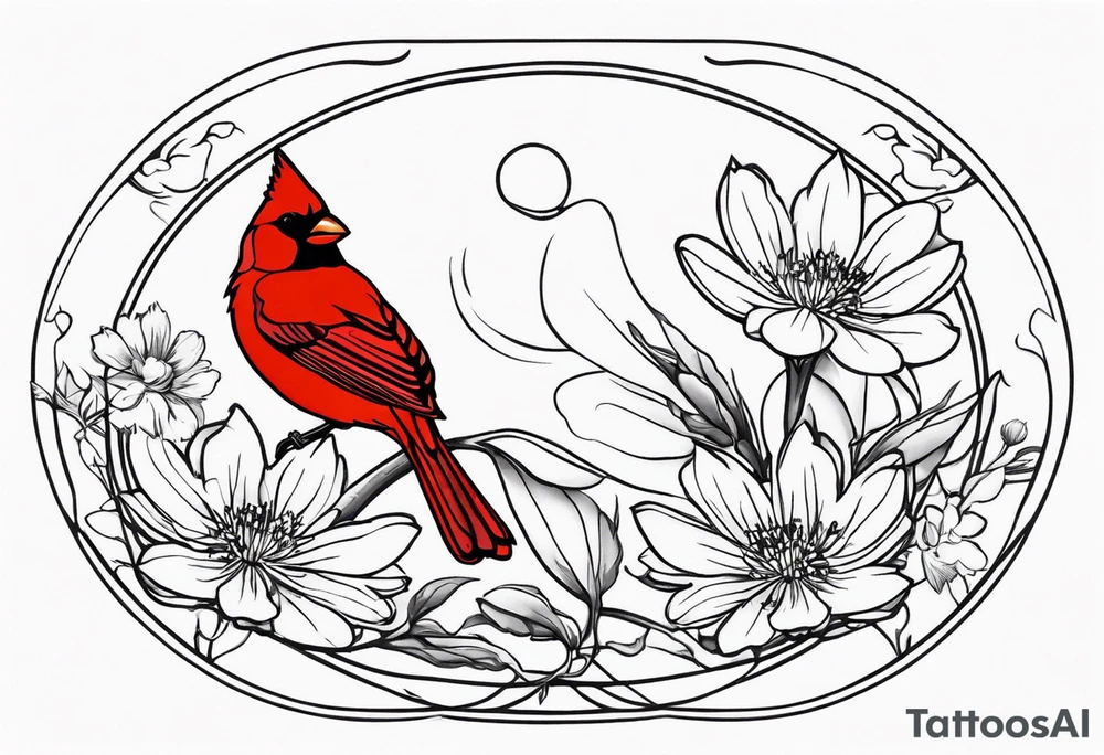 Oval shape with sea rocket and aster flowers with a small cardinal room in the center for a signature less ornate make the cardinal smaller and leave the center empty smaller cardinal and put it on the flowers tattoo idea