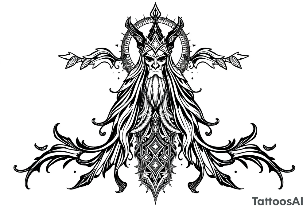mystical dark and long ornament with shaman and witch style and ancient rhyme tattoo idea