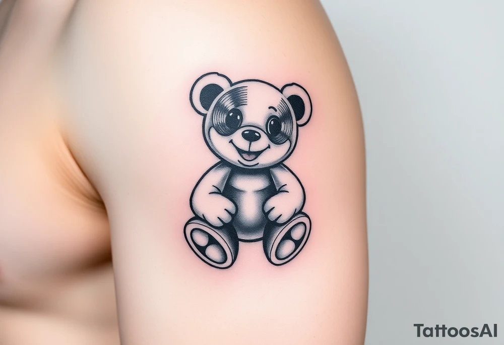 minimalist teddy bear with vinyl records as eyes smiling and sitting on a record tattoo idea