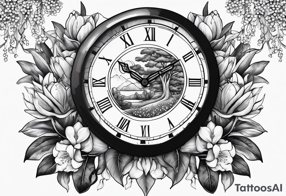 Clock, banyan tree, lily of the valley, protector, strong tattoo idea