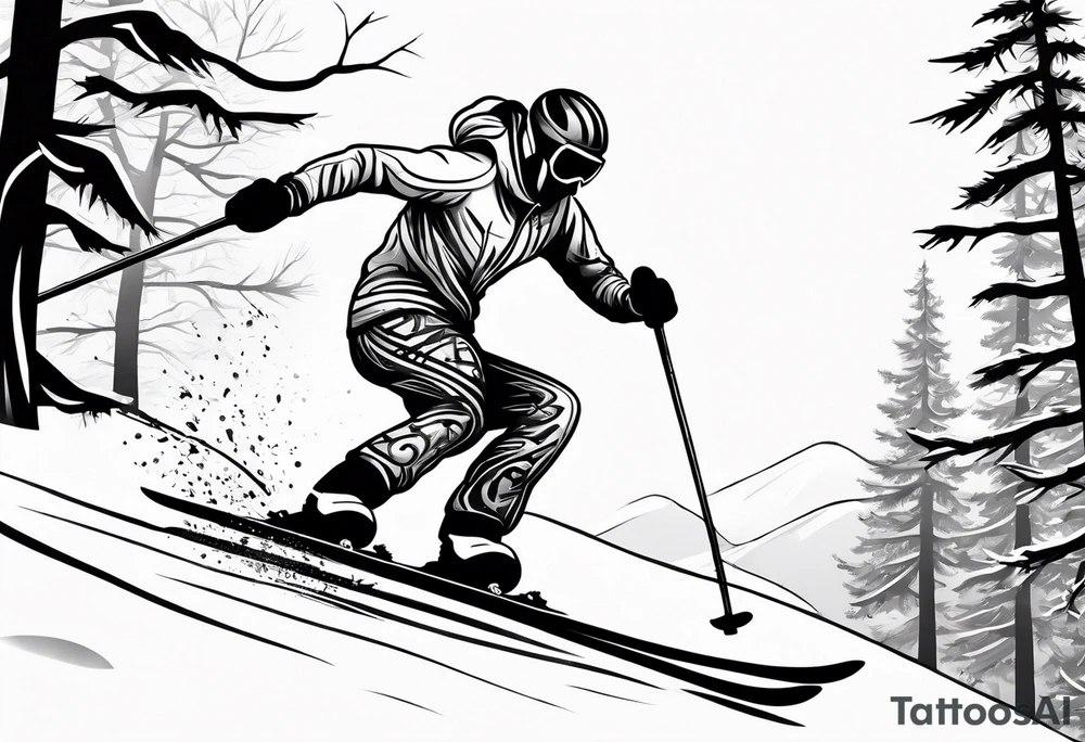 simple drawing of a 
tattoo of a snow skier skiing through trees showing ski trail tattoo idea