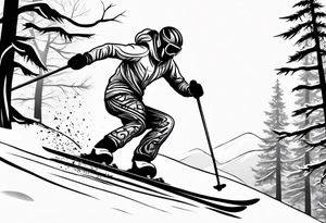 simple drawing of a 
tattoo of a snow skier skiing through trees showing ski trail tattoo idea