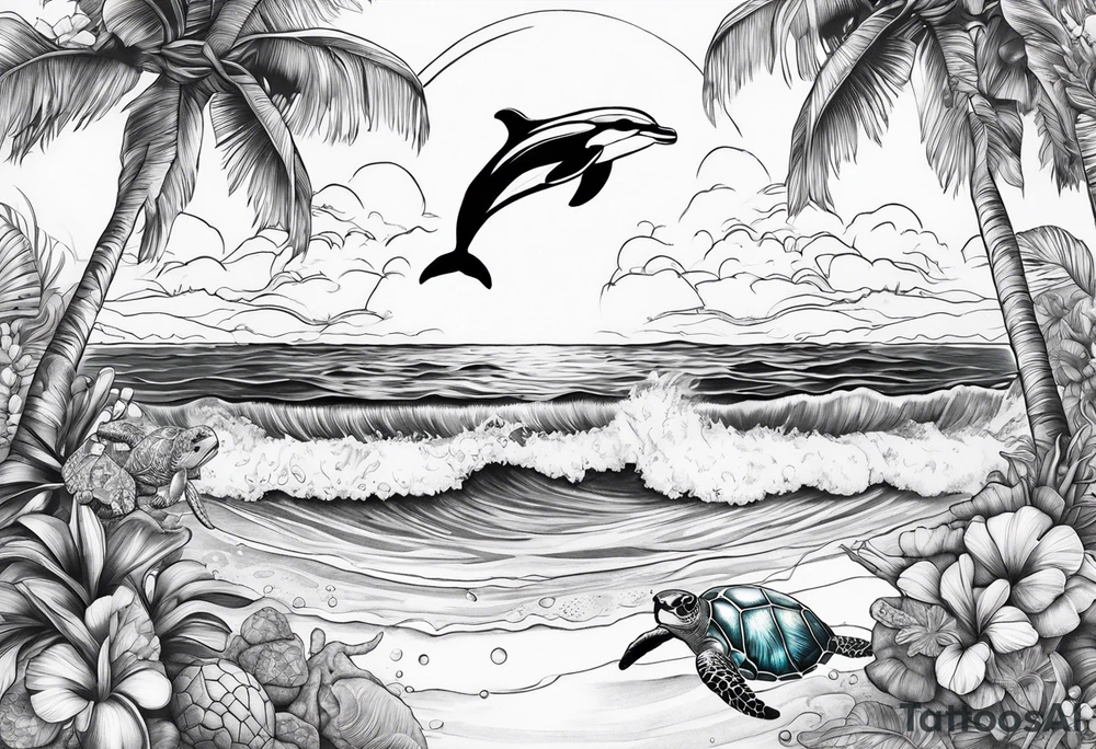 Ocean vibes with palm trees and sea turtles and dolphins tattoo idea