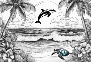 Ocean vibes with palm trees and sea turtles and dolphins tattoo idea