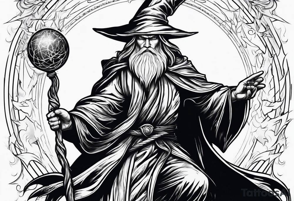 Wizard controlling lightning with a staff with blue arc ball tattoo idea Wizard controlling lightning with a staff with blue arc ball tattoo idea