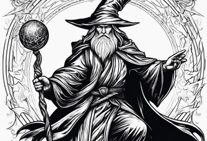 Wizard controlling lightning with a staff with blue arc ball tattoo idea