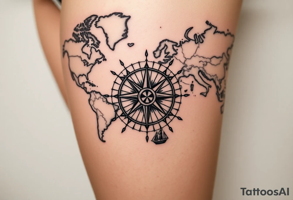 antique compass rose overlaid on weathered world map with sailing ships tattoo idea