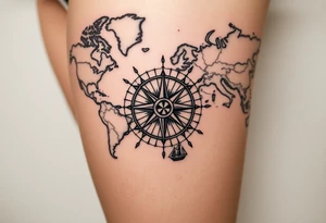 antique compass rose overlaid on weathered world map with sailing ships tattoo idea