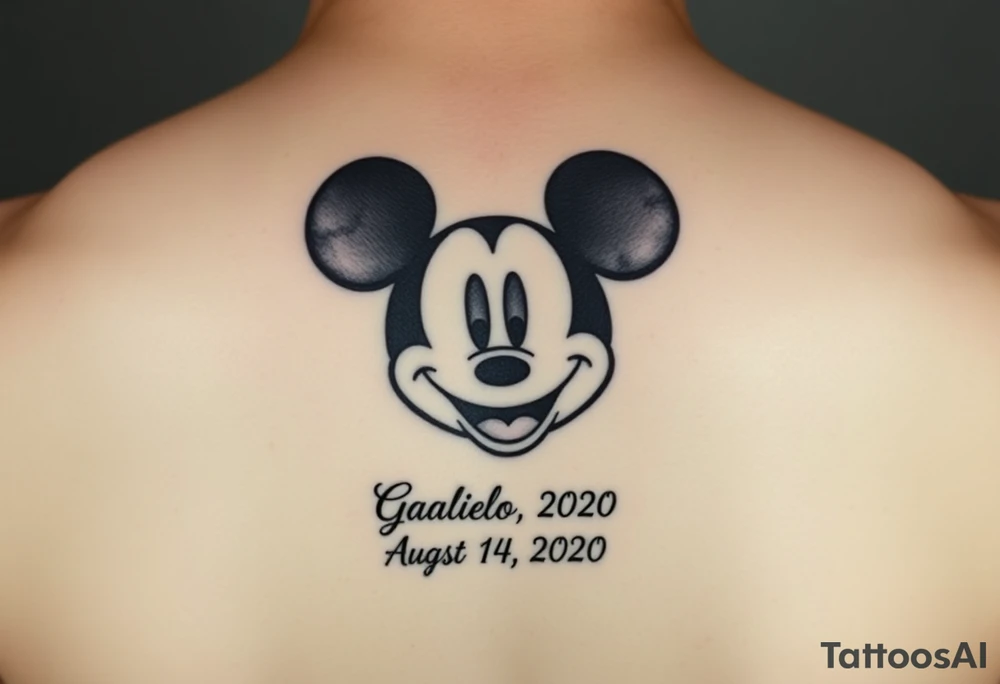 mickey mouse symbol with the name Galileo and the date August 14,2020, incorporated tattoo idea
