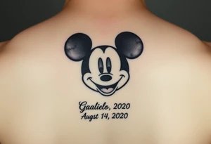 mickey mouse symbol with the name Galileo and the date August 14,2020, incorporated tattoo idea