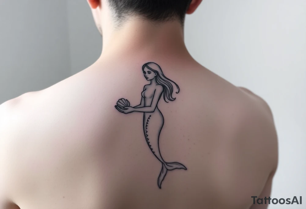 Mermaid tattoo full body soft face light grainy holding a shell in hand tattoo idea