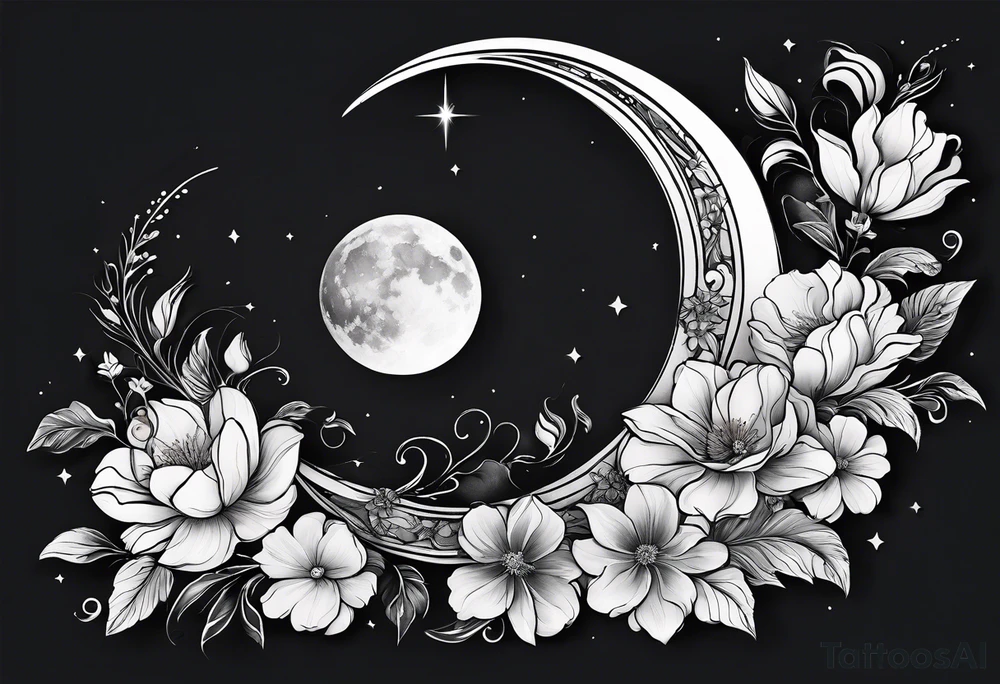 Crescent moon shrouded by beautiful flowers with wisps of mist tattoo idea
