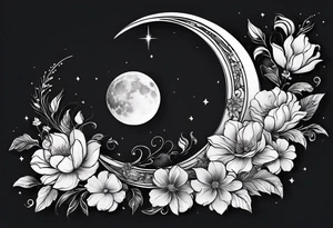 Crescent moon shrouded by beautiful flowers with wisps of mist tattoo idea