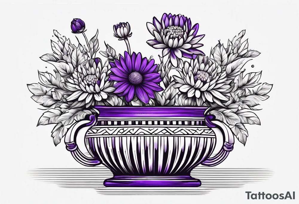 Un vase Grec avec 2 fleurs nénuphars, 1 fleur CHRYSANTHEMUm, et une violette tattoo idea