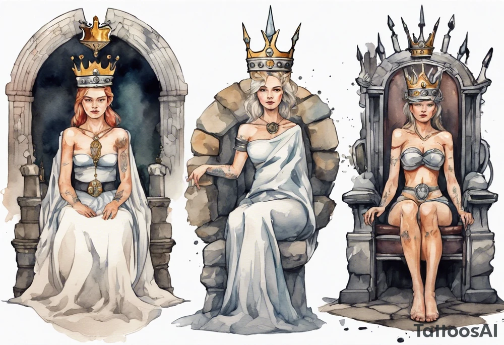 a Germanic queen wearing a simple iron crown sitting on a stone throne tattoo idea