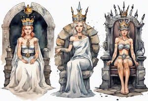 a Germanic queen wearing a simple iron crown sitting on a stone throne tattoo idea