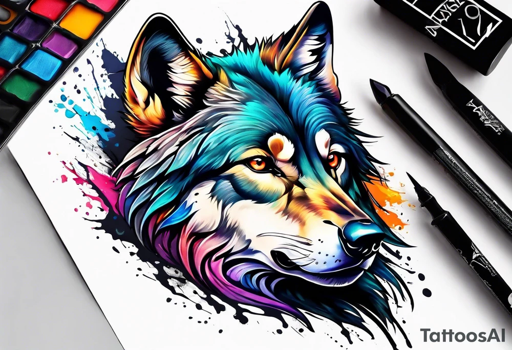 Leaking painted Wolf tattoo idea