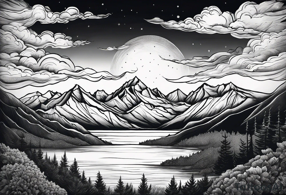 Mountain Range coming Out of the sea and Clouds. Sunrise in a night Sky above the Mountains. tattoo idea