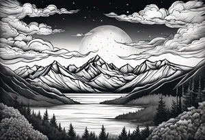 Mountain Range coming Out of the sea and Clouds. Sunrise in a night Sky above the Mountains. tattoo idea