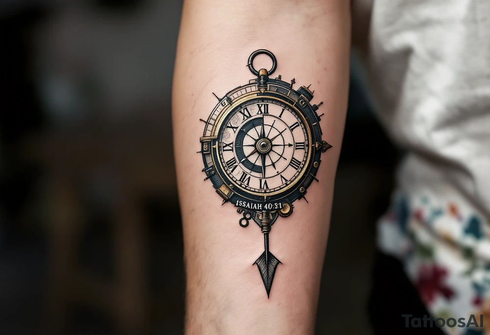 steampunk half compass half clock with a full-length arrow pointing at my wrist and saying "Isaiah 40:31" tattoo idea