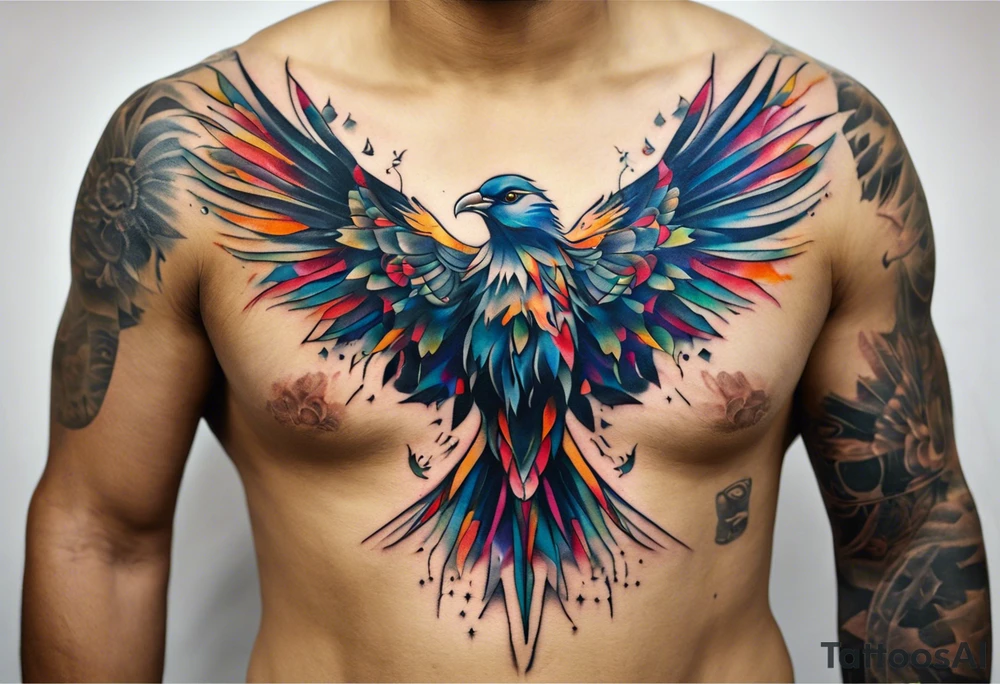 Wide tattoo that appears to be bursting out of the skin, symbolizing freedom. The tattoo should be vibrant and dynamic, with bold lines and colors that evoke a sense of liberation and empowerment. Consider incorporating elements such as birds in flight, broken chains, or other symbols of freedom. The tattoo should be visually striking and thought-provoking, inviting the viewer to reflect on the importance of personal freedom. tattoo idea