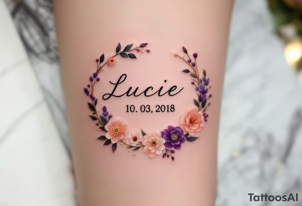 Lucie 10. 03. 2018) – A rosy peach and deep purple floral wreath, wrapping around Lucie's birthdate, with gold filigree detailing. tattoo idea