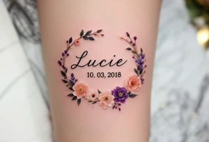 Lucie 10. 03. 2018) – A rosy peach and deep purple floral wreath, wrapping around Lucie's birthdate, with gold filigree detailing. tattoo idea