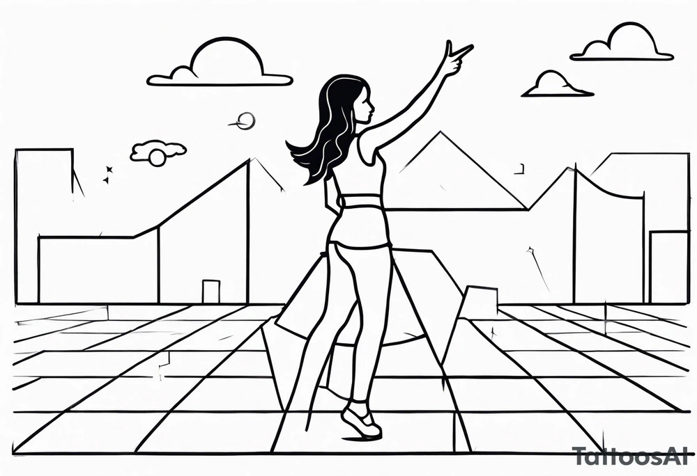 Woman standing with bent knees on a dancefloor pointing her fingers up in the sky tattoo idea