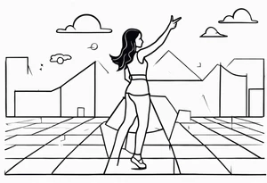 Woman standing with bent knees on a dancefloor pointing her fingers up in the sky tattoo idea
