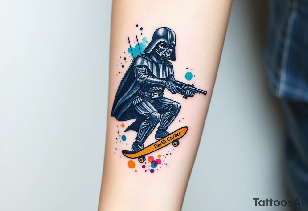 Darth Vader skateboarding with gun> bullets > memorial > god > colors > futuristic/space/star wars
add name "Darth Carter" on skateboard
add date 12/29/88-01/06/24 tattoo idea