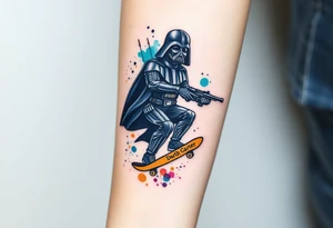 Darth Vader skateboarding with gun> bullets > memorial > god > colors > futuristic/space/star wars
add name "Darth Carter" on skateboard
add date 12/29/88-01/06/24 tattoo idea