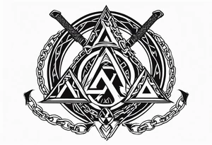 Valhalla sword shield axe barbed wire chains valknut fire tattoo idea