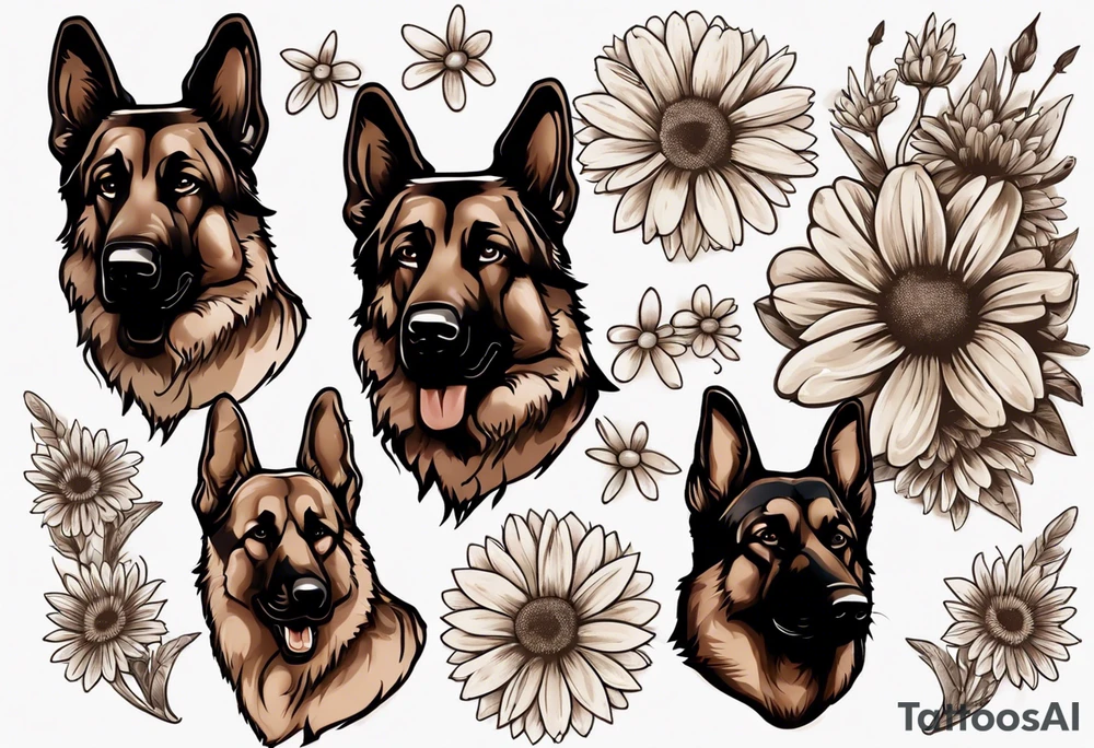 Dark Brown German shepherd portrait surrounded by  daisies tattoo idea