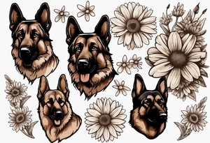 Dark Brown German shepherd portrait surrounded by  daisies tattoo idea