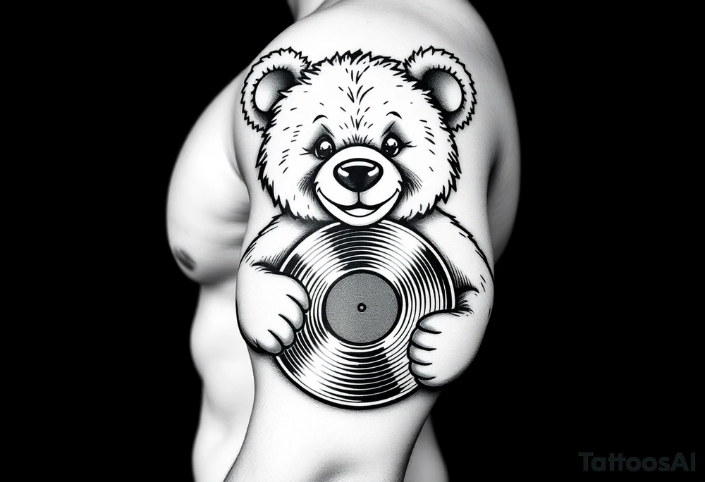 smiling teddy bear holding a vinyl record tattoo idea