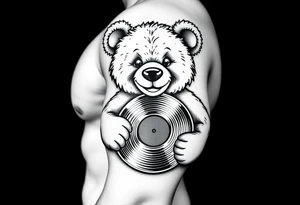 smiling teddy bear holding a vinyl record tattoo idea