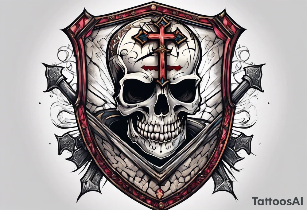 skeleton holding a shield with a cross on it tattoo idea