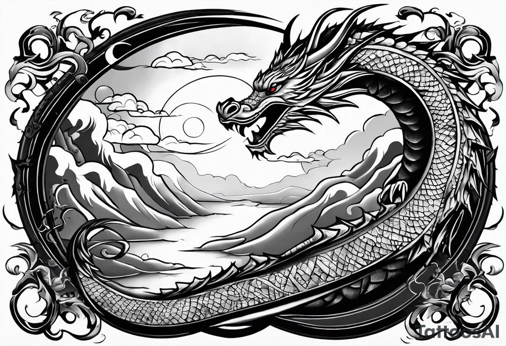 Half sleeve forearm tattoo. Representing the hero’s journey. Haku the dragon, a tree, clouds, a broken sword, the sun and moon tattoo idea