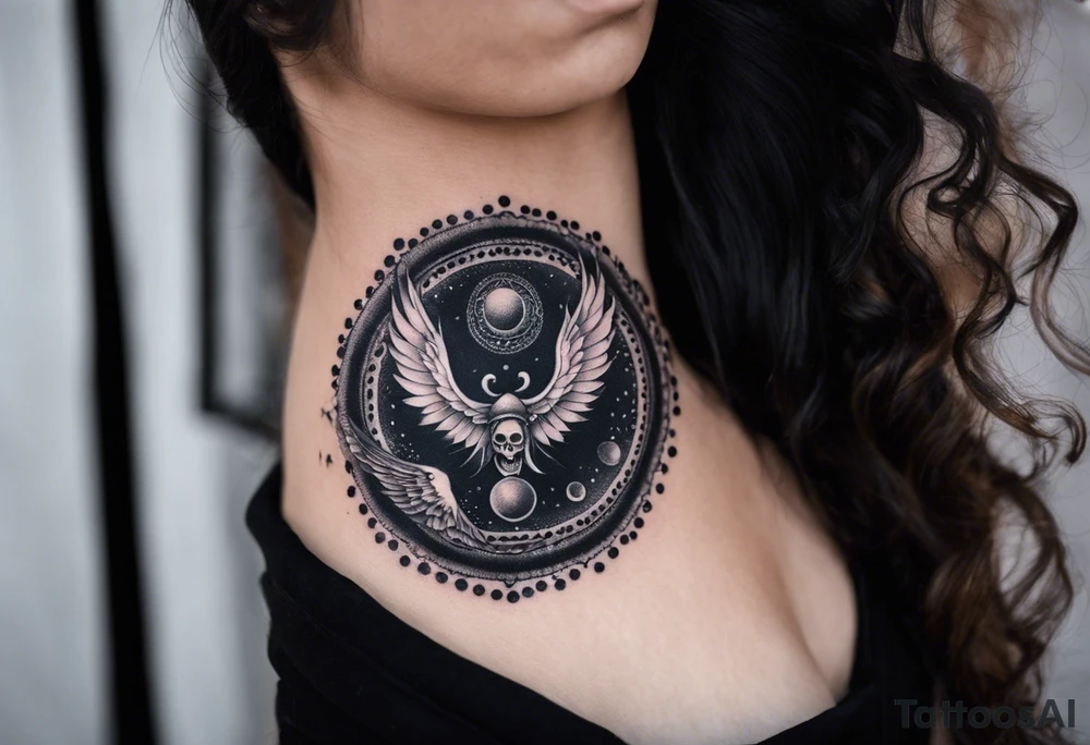 black kali, goddess pirate, alien, angel, pachamama, valkrye, warrior, flying, skull, lotus azul, wing, eagle, zenza resonance, stars, 5D, anahata chakra, death, durga, riding on a tiger, flying lady, chest tatoo tattoo idea