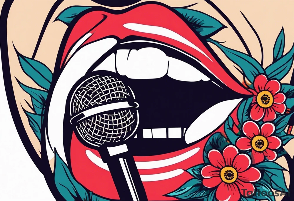 lips singing old school vintage traditional
flowers around and mouth next to microphone
bold and colorful simple design tattoo idea