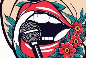 lips singing old school vintage traditional
flowers around and mouth next to microphone
bold and colorful simple design tattoo idea