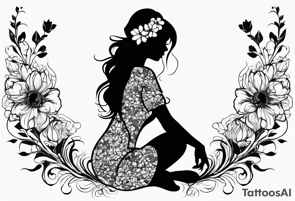 silhouette of a girl with a flower head, kneeling tattoo idea