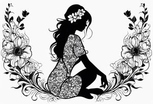 silhouette of a girl with a flower head, kneeling tattoo idea