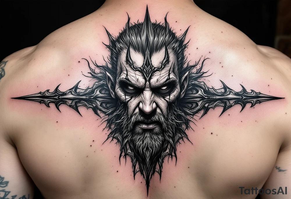 mad man face behind trident tattoo idea