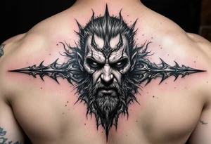 mad man face behind trident tattoo idea