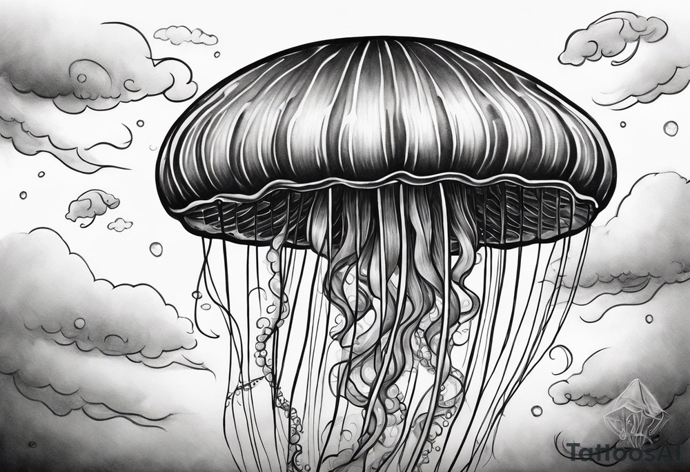 jellyfish with a small head and really long tentacles. Add clouds behind it like it’s floating in the sky tattoo idea