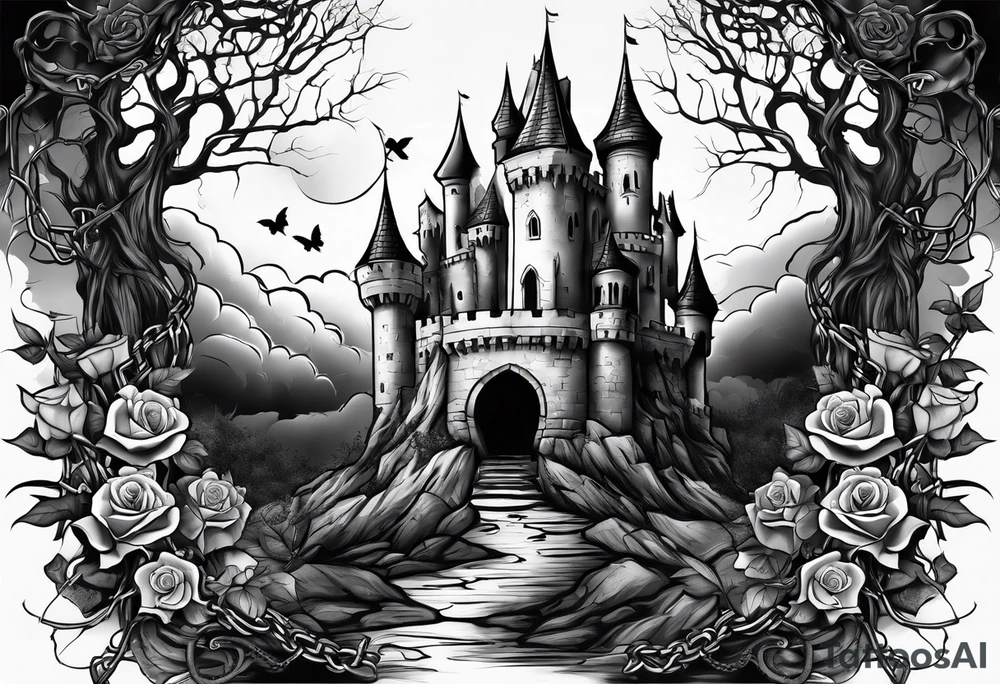 tattoo fool sleeve, destroyed dark gothic castle, tree roots break out of the chains, broken mask, roses tattoo idea