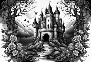 tattoo fool sleeve, destroyed dark gothic castle, tree roots break out of the chains, broken mask, roses tattoo idea