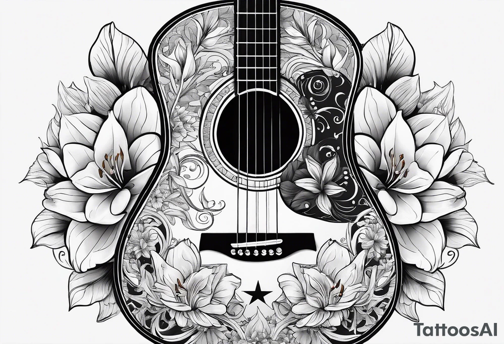 basic black acoustic guitar wrapped with lilies around the neck, with a simple black star on the guitar body. tattoo idea