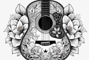 basic black acoustic guitar wrapped with lilies around the neck, with a simple black star on the guitar body. tattoo idea